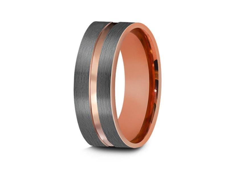 Rose Gold Tungsten Wedding Band - Gray Brushed Ring - Rose Gold Plated Inlay - Two Tone - Engagement Ring - Flat Shaped - Comfort Fit 8mm - Vantani Wedding Bands