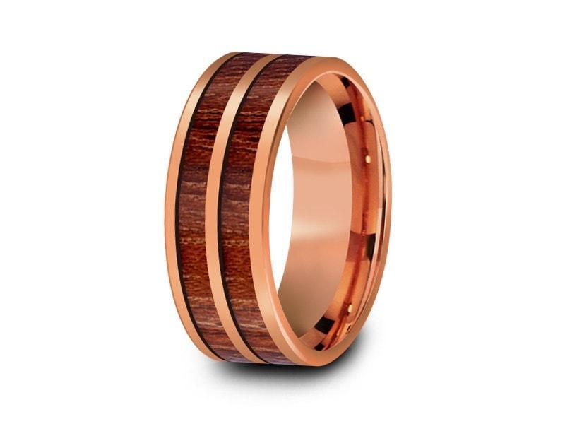 HAWAIIAN Koa Wood Inlay Tungsten Carbide Rose Gold Ring - Koa Wood Wedding Band - Engagement Ring - Flat Shaped - Comfort Fit 8mm - Vantani Wedding Bands