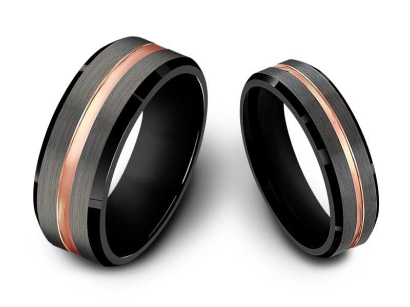 Tungsten Matching Wedding Band Set - Matching Bands - His/Hers - Engagement Ring Set - Three Tone Bands - Beveled Shaped - Comfort Fit 6mm/8mm - Vantani Wedding Bands