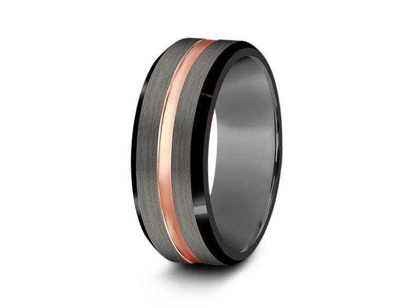 Brushed Tungsten Wedding Band - Rose Gold Plated Inlay - Engagement Ring - Beveled Shaped - Comfort Fit 8mm - Vantani Wedding Bands