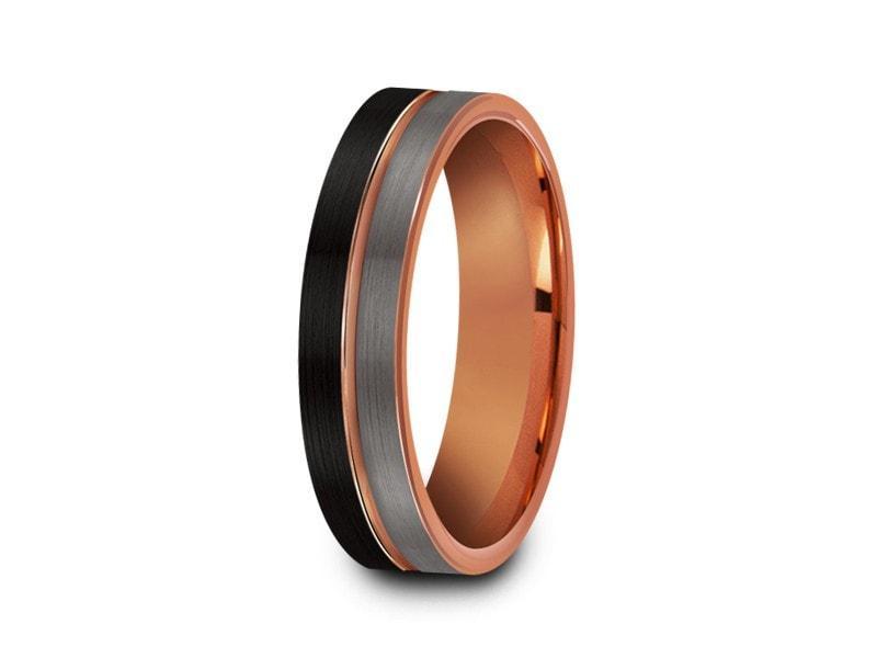 Rose Gold Tungsten Wedding Band- Brushed Polished - Engagement Ring - Three Tone - Flat Shaped - Comfort Fit 6mm - Vantani Wedding Bands