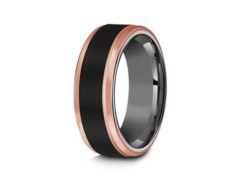 Brushed Black Tungsten Wedding Band - Rose Gold Edges - Three Tone Ring - Engagement Band - Ridged Edges - Comfort Fit 8mm - Vantani Wedding Bands