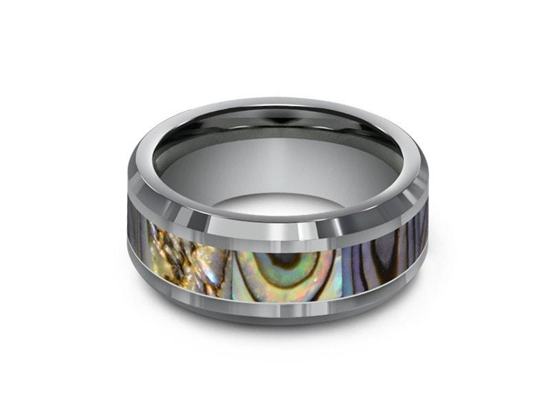 Abalone Shell Tungsten Carbide Wedding Band - Abalone Inlay Ring - Shell Ring - Engagement Band - Beveled Shaped - Comfort Fit 8mm - Vantani Wedding Bands