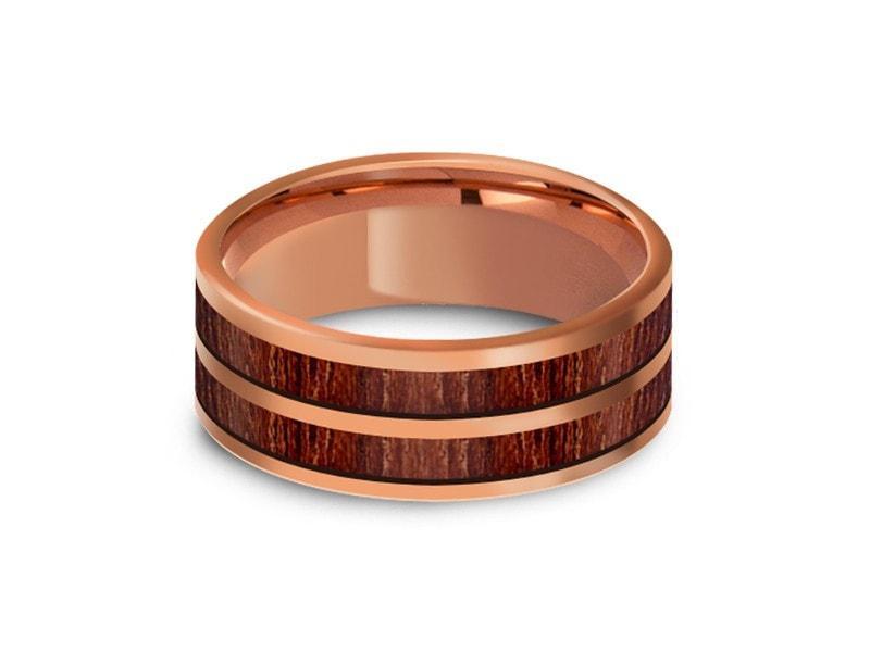 HAWAIIAN Koa Wood Inlay Tungsten Carbide Rose Gold Ring - Koa Wood Wedding Band - Engagement Ring - Flat Shaped - Comfort Fit 8mm - Vantani Wedding Bands