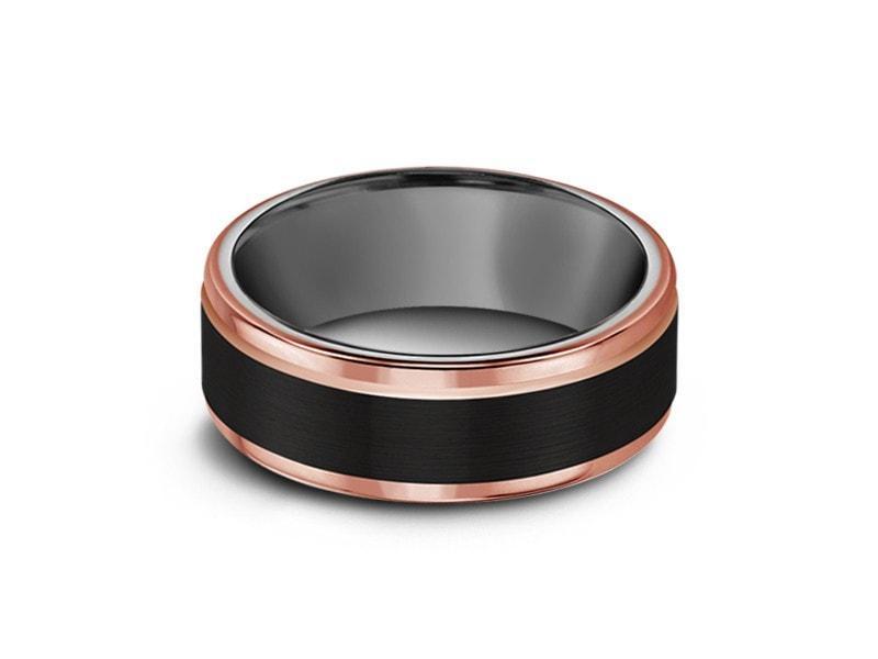 Brushed Black Tungsten Wedding Band - Rose Gold Edges - Three Tone Ring - Engagement Band - Ridged Edges - Comfort Fit 8mm - Vantani Wedding Bands