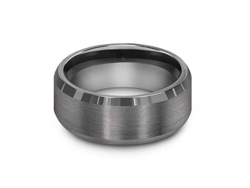 Brushed and Polished Tungsten Wedding Band - Gray Gunmetal - Engagement Ring - Beveled Shaped - Comfort Fit 8mm - Vantani Wedding Bands