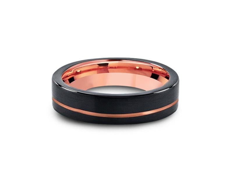 Black & Rose Gold Tungsten Wedding Band - Brushed Polished - Two Tone Ring - Engagement Band - Flat Shaped - Comfort Fit 6mm - Vantani Wedding Bands