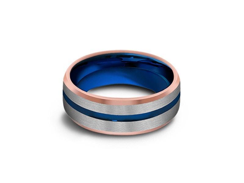 Blue Gunmetal Tungsten Wedding Band - Brushed Polished - Rose Gold Plated inlay - Engagement Ring - Beveled Shaped - Comfort Fit 8MM - Vantani Wedding Bands