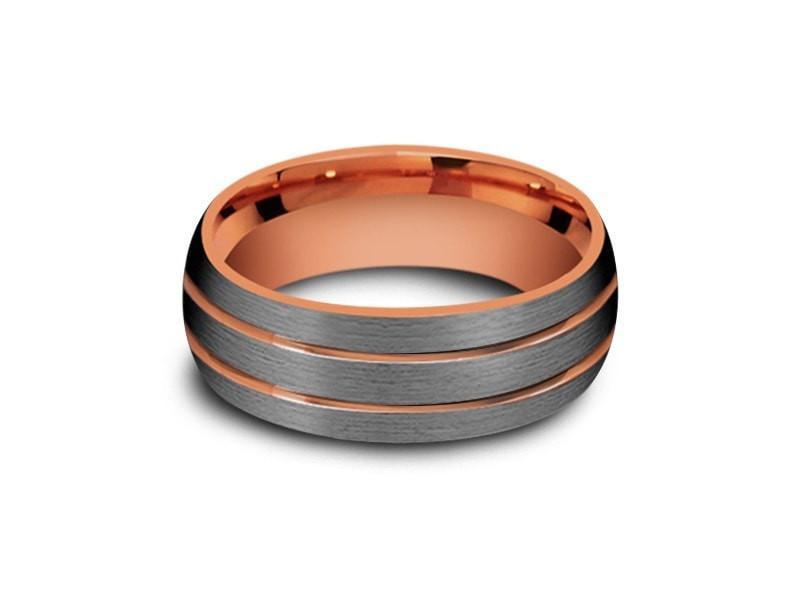Rose Gold Tungsten Wedding Band - Brushed Polished - Engagement Ring - Two Tone - Dome Shaped - Comfort Fit 8mm - Vantani Wedding Bands