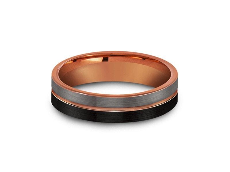 Rose Gold Tungsten Wedding Band- Brushed Polished - Engagement Ring - Three Tone - Flat Shaped - Comfort Fit 6mm - Vantani Wedding Bands