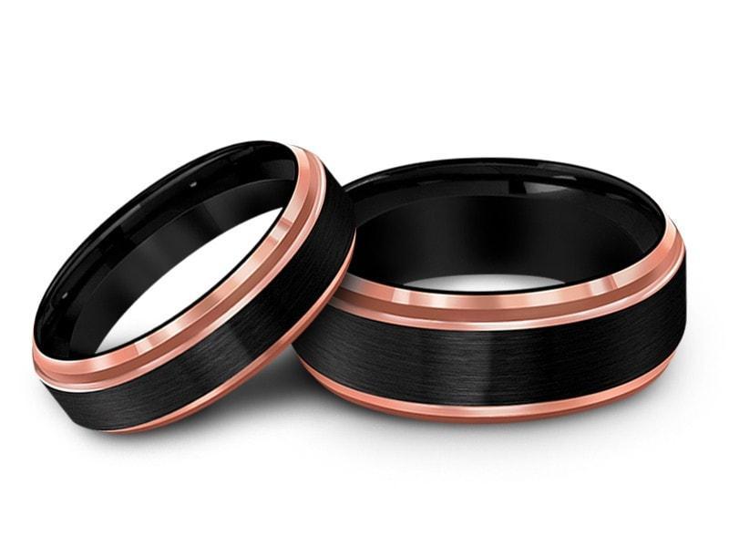 Tungsten Matching Wedding Band Set - Matching Bands - His/Hers - Engagement Ring Set - Two Tone Bands - Ridged Edges - Comfort Fit 6mm/8mm - Vantani Wedding Bands