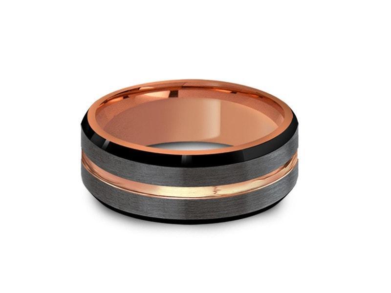 Rose Gold Tungsten Wedding Band - Brushed Polished - Engagement Ring - Three Tone - Beveled Shaped - Comfort Fit 8mm - Vantani Wedding Bands