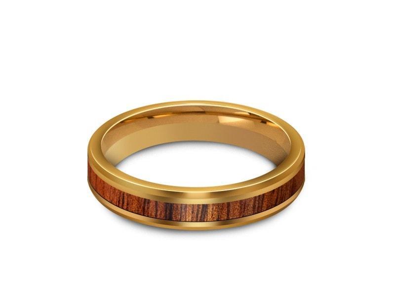 HAWAIIAN Koa Wood Inlay Tungsten Carbide Ring - Yellow Gold Palted - Koa Wood Wedding Band - Engagement Ring - Beveled Shaped - Comfort Fit 4mm - Vantani Wedding Bands