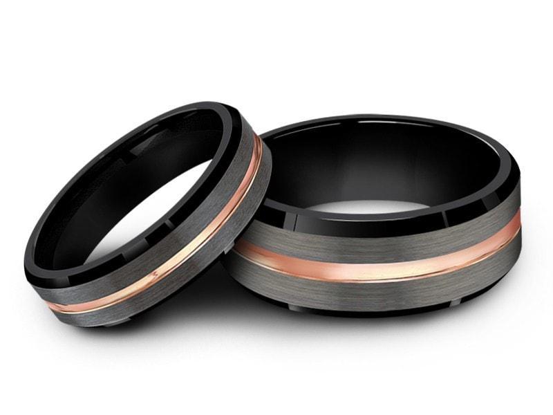 Tungsten Matching Wedding Band Set - Matching Bands - His/Hers - Engagement Ring Set - Three Tone Bands - Beveled Shaped - Comfort Fit 6mm/8mm - Vantani Wedding Bands