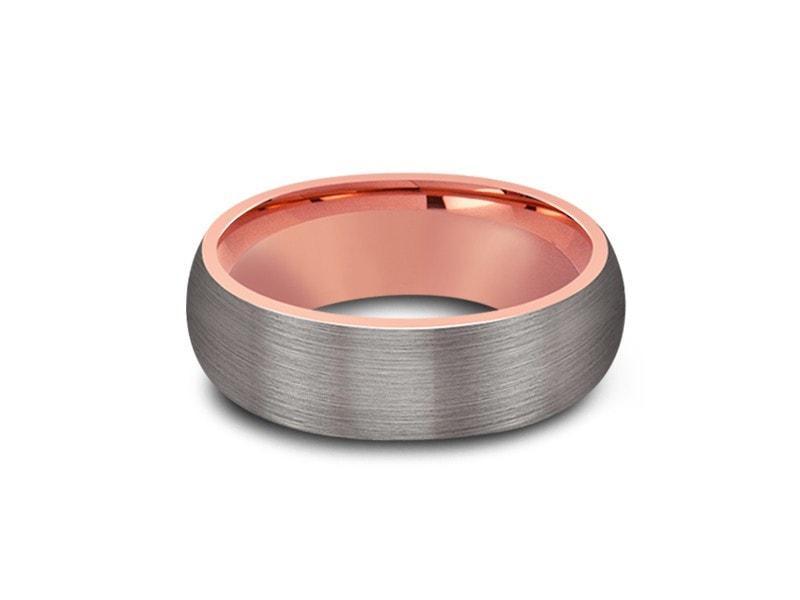 Rose Gold Tungsten Wedding Band - Gray Brushed Ring - Rose Gold Plated Inlay - Two Tone - Dome Shaped - Comfort Fit 8mm - Vantani Wedding Bands