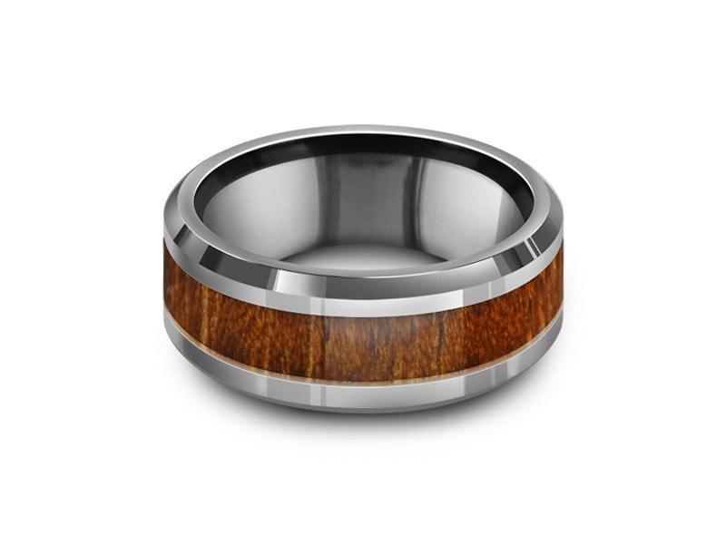 HAWAIIAN Koa Wood Inlay Tungsten Carbide Ring - Koa Wood Wedding Band - Engagement Ring - Beveled Shaped - Comfort Fit 8mm - Vantani Wedding Bands