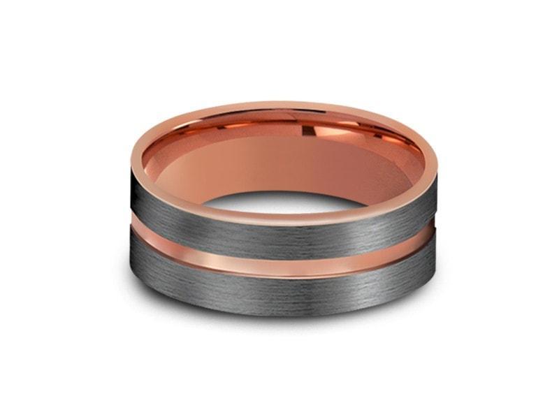 Rose Gold Tungsten Wedding Band - Gray Brushed Ring - Rose Gold Plated Inlay - Two Tone - Engagement Ring - Flat Shaped - Comfort Fit 8mm - Vantani Wedding Bands