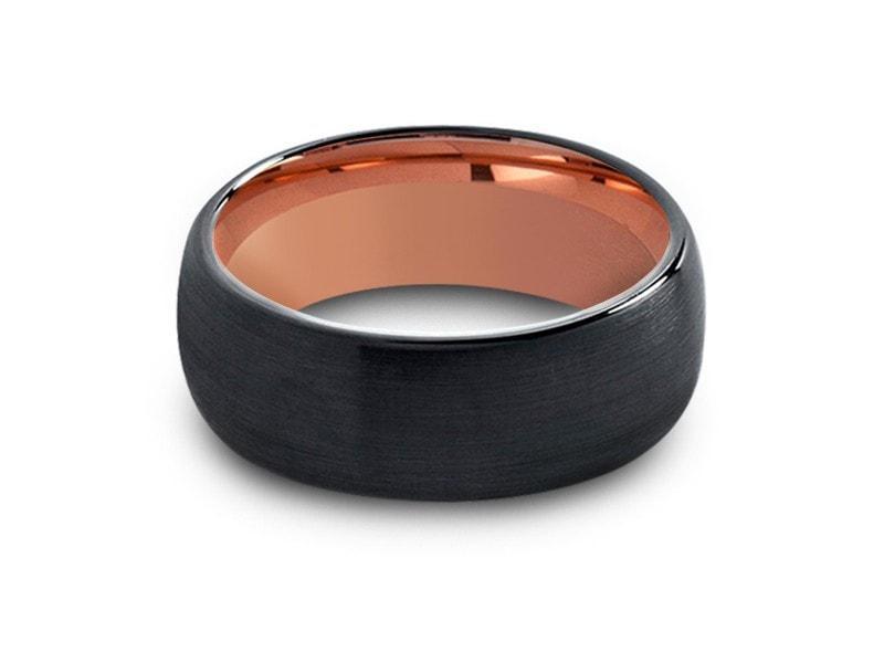 Rose Gold Tungsten Wedding Band - Black Brushed Ring - Engagement Band - Two Tone - Domed Shaped - Comfort Fit 8mm - Vantani Wedding Bands