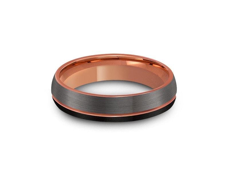Rose Gold Tungsten Wedding Band - Brushed Polished - Engagement Ring - Three Tone - Dome Shaped - Comfort Fit 6mm - Vantani Wedding Bands