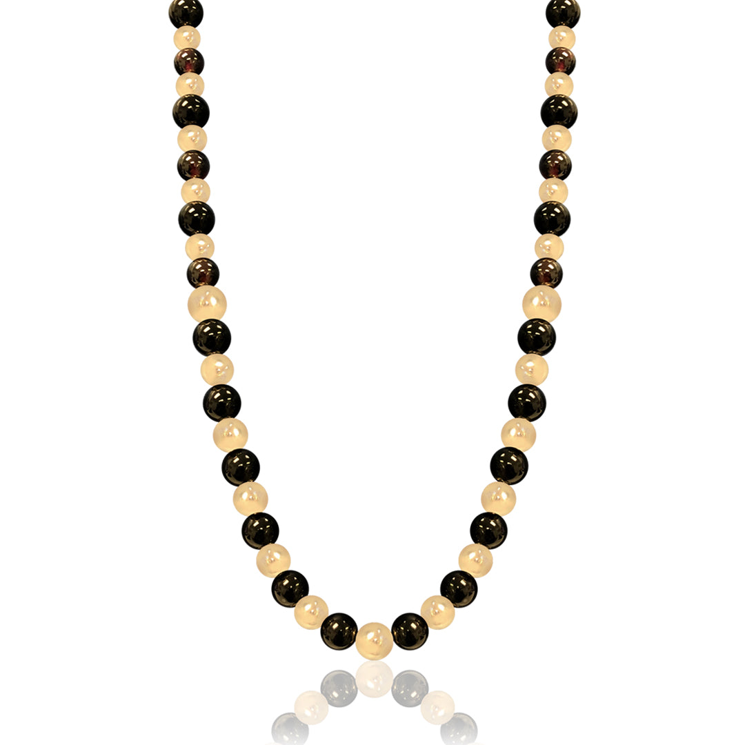 14K Yellow gold beaded necklace with onyx and garnet