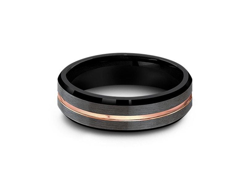 Brushed and Polished Tungsten Wedding Band - Gunmetal and Black Ring - Engagement Band - Beveled Shaped - Comfort Fit 6mm - Vantani Wedding Bands