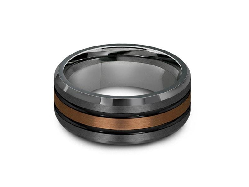 Brushed Tungsten Wedding Band - Rose Gold Plated Inlay - Gunmetal - Two Tone - Engagement Ring - Beveled Shaped - Comfort Fit 8mm - Vantani Wedding Bands