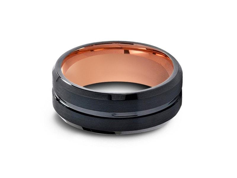 Black & Rose Gold Tungsten Wedding Band - Brushed and Polished - Two Tone Ring - Engagement Band - Beveled Shaped - Comfort Fit 8mm - Vantani Wedding Bands