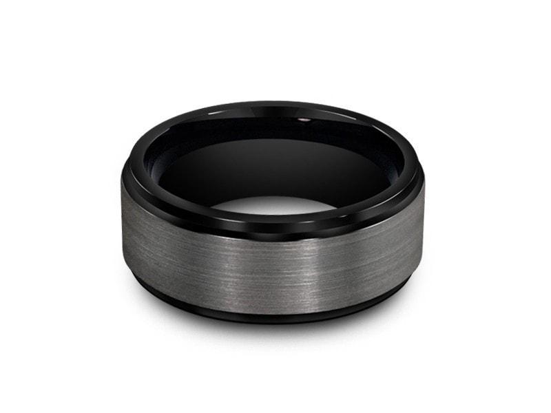 Brushed Gunmetal Tungsten Wedding Band - Engagement Ring -Black Inlay - Ridged Edges - Comfort Fit 8mm - Vantani Wedding Bands