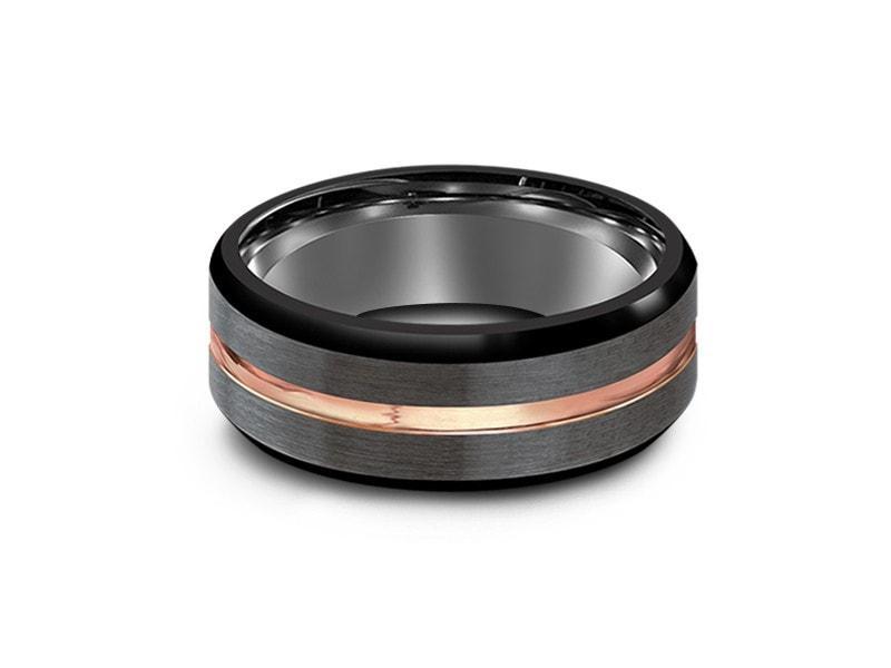 Brushed Tungsten Wedding Band - Rose Gold Plated Inlay - Engagement Ring - Beveled Shaped - Comfort Fit 8mm - Vantani Wedding Bands