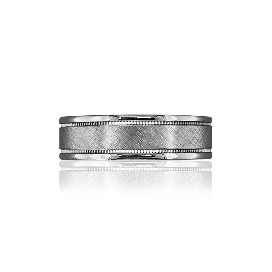 14K WHITE GOLD BRUSHED/MILGRAIN 6MM WEDDING BAND
