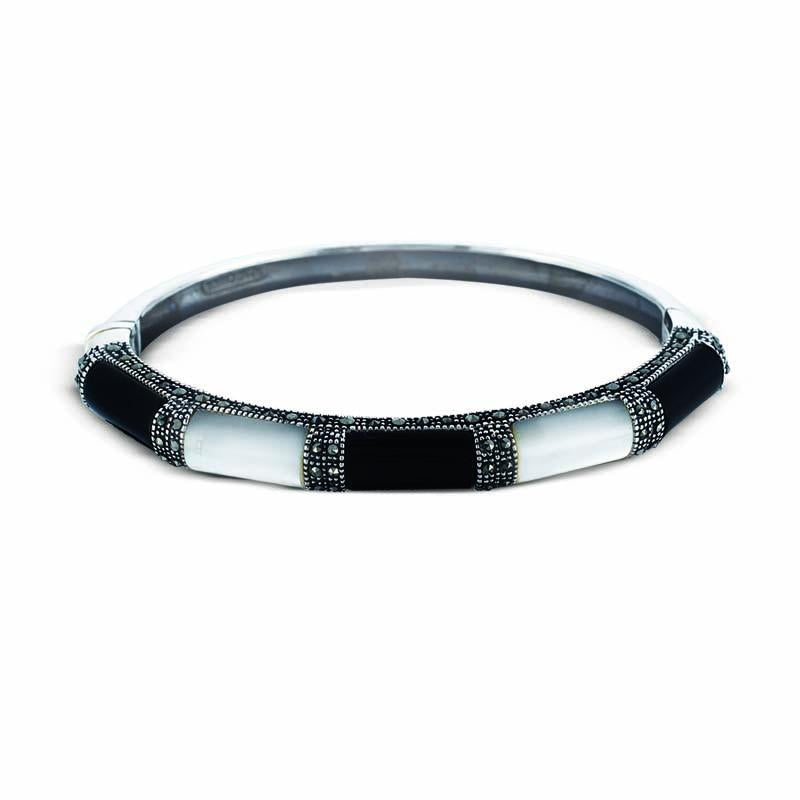 STERLING SILVER BANGLE WITH MARCASITE,ONYX AND CABOCHON
