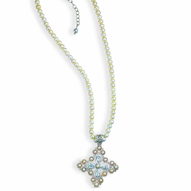 STERLING SILVER PEARL NECKLACE WITH CZ STONES