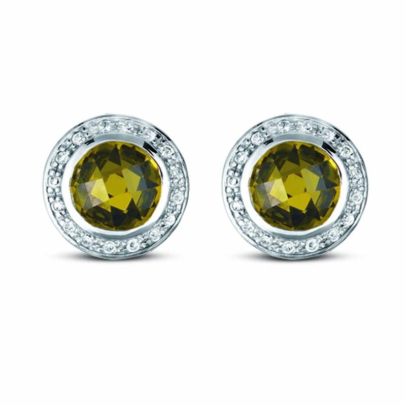 STERLING SILVER ROUND EARRINGS WITH OLIVE CZ STONE