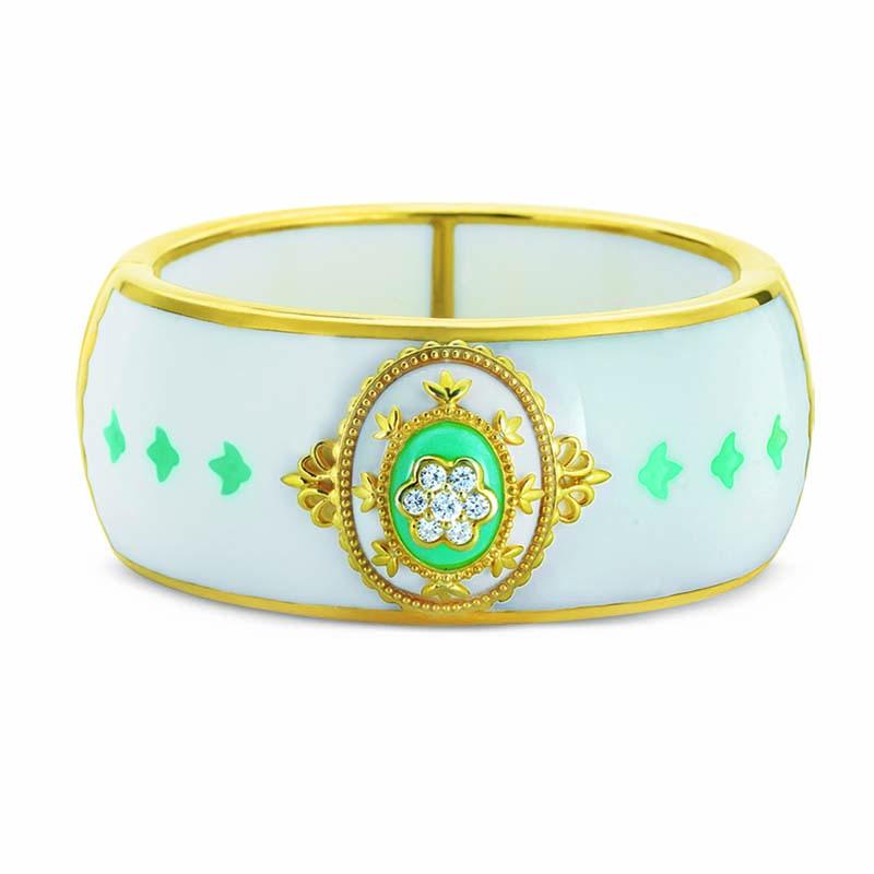 STERLING SILVER GOLD PLATED BANGLE WITH WHITE AND LIGHT GREEN RESIN