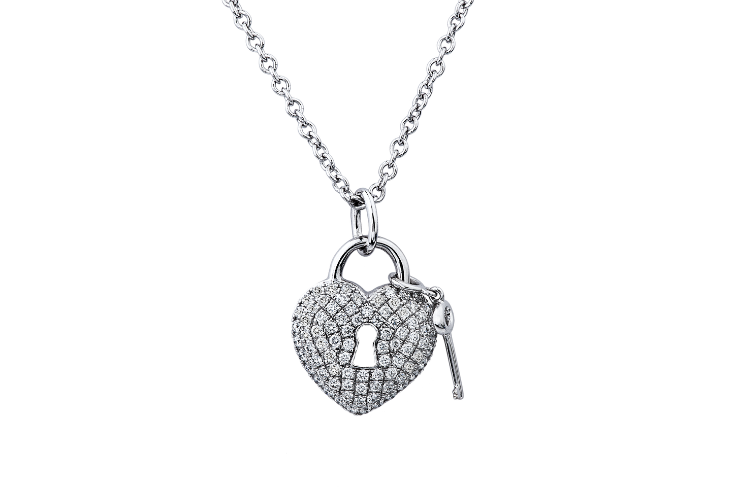 14K WHITE GOLD DIAMOND HEART LOCK AND KEY NECKLACE