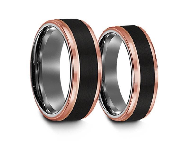 Tungsten Matching Wedding Bands Set - Matching Bands - His/Hers - Engagement Ring Set - Three Tone Bands - Ridged Edges - Comfort Fit 6mm/8mm - Vantani Wedding Bands