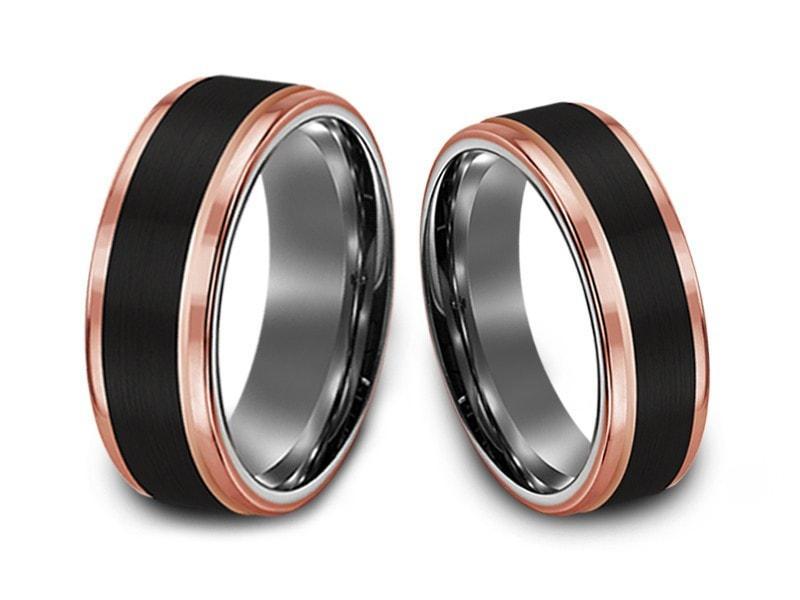 Tungsten Matching Wedding Bands Set - Matching Bands - His/Hers - Engagement Ring Set - Three Tone Bands - Ridged Edges - Comfort Fit 6mm/8mm - Vantani Wedding Bands