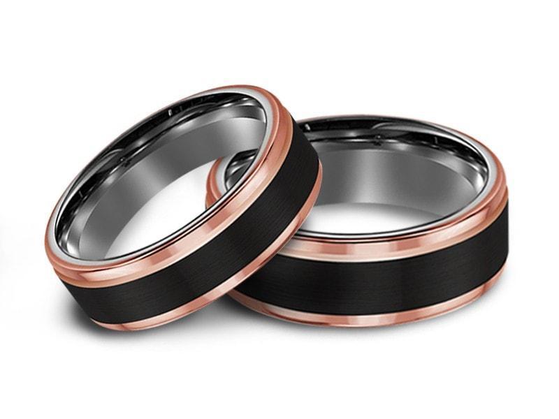 Tungsten Matching Wedding Bands Set - Matching Bands - His/Hers - Engagement Ring Set - Three Tone Bands - Ridged Edges - Comfort Fit 6mm/8mm - Vantani Wedding Bands