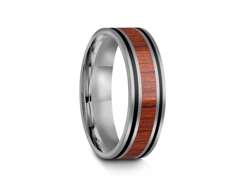 HAWAIIAN Koa Wood Inlay Tungsten Carbide Ring - Koa Wood Wedding Band - Engagement Ring - Flat Shaped - Comfort Fit 6mm - Vantani Wedding Bands