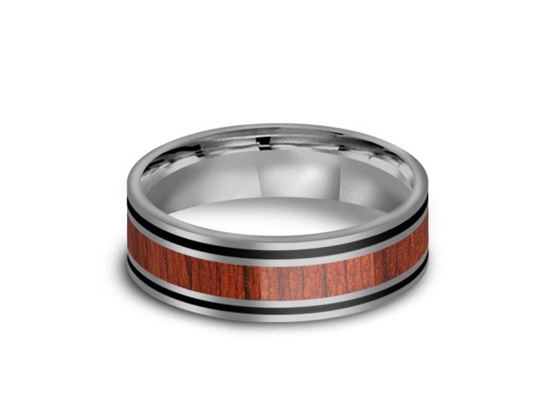 HAWAIIAN Koa Wood Inlay Tungsten Carbide Ring - Koa Wood Wedding Band - Engagement Ring - Flat Shaped - Comfort Fit 6mm - Vantani Wedding Bands