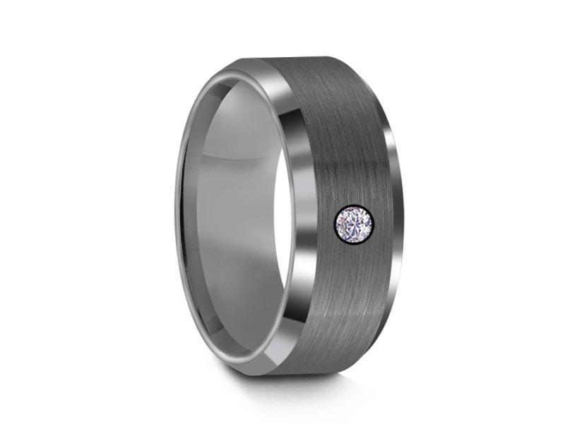 Brushed Tungsten Wedding Band with CZ- Gunmetal - Engagement Ring - Beveled Shaped - Comfort Fit 8mm - Vantani Wedding Bands