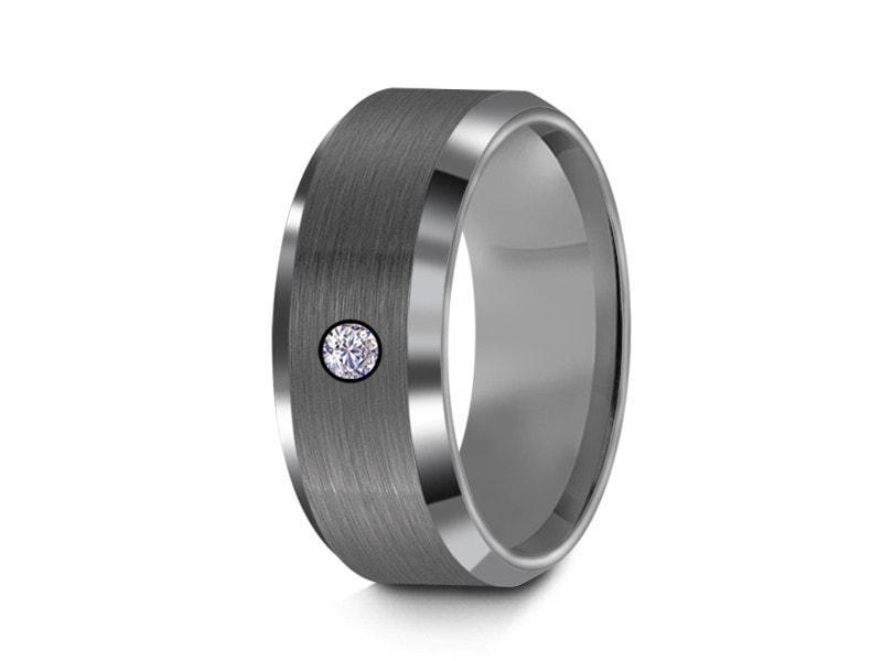 Brushed Tungsten Wedding Band with CZ- Gunmetal - Engagement Ring - Beveled Shaped - Comfort Fit 8mm - Vantani Wedding Bands
