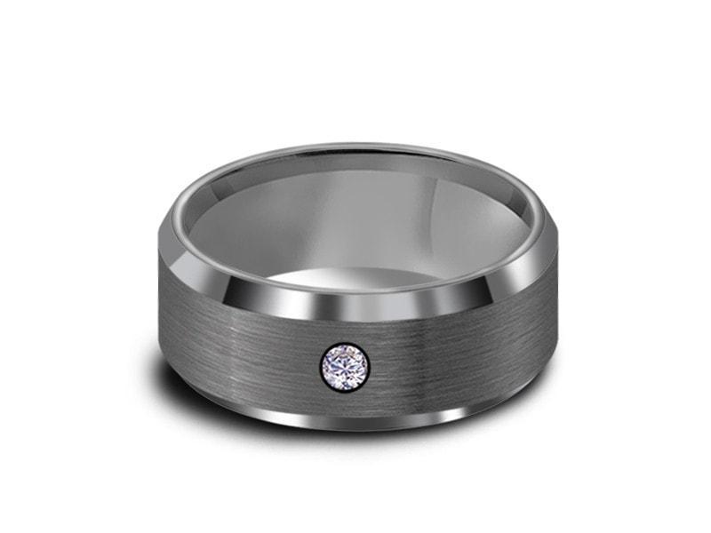 Brushed Tungsten Wedding Band with CZ- Gunmetal - Engagement Ring - Beveled Shaped - Comfort Fit 8mm - Vantani Wedding Bands