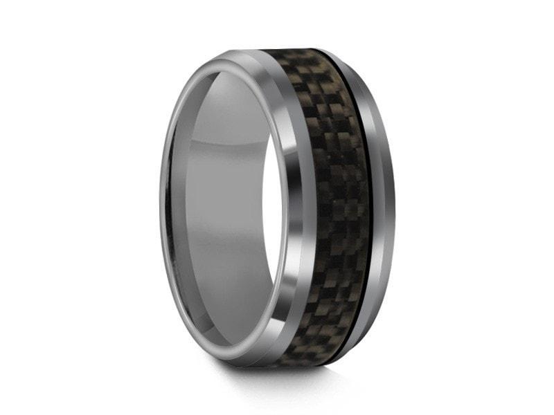 Tungsten Wedding Band With Carbon Fiber Inlay - High Polish - Engagement Ring - Two Tone - Beveled Shaped - Comfort Fit 8mm - Vantani Wedding Bands