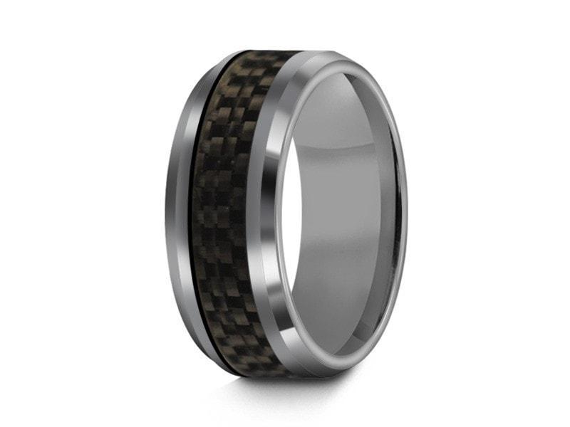 Tungsten Wedding Band With Carbon Fiber Inlay - High Polish - Engagement Ring - Two Tone - Beveled Shaped - Comfort Fit 8mm - Vantani Wedding Bands
