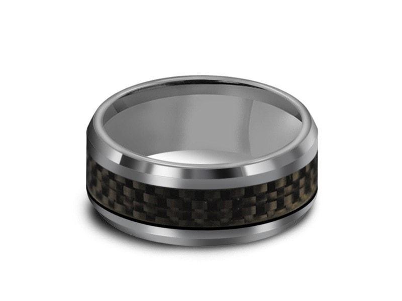Tungsten Wedding Band With Carbon Fiber Inlay - High Polish - Engagement Ring - Two Tone - Beveled Shaped - Comfort Fit 8mm - Vantani Wedding Bands