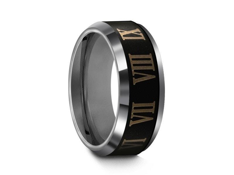 Tungsten Roman Numerals Wedding Band - Brushed Polished - Engagement Ring - Beveled Shaped - Comfort Fit 8mm - Vantani Wedding Bands