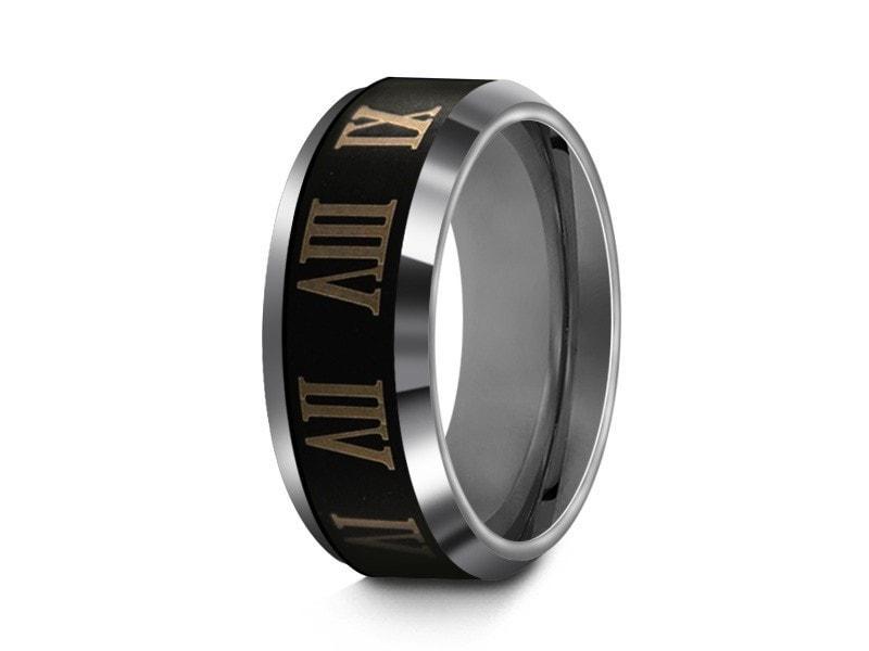 Tungsten Roman Numerals Wedding Band - Brushed Polished - Engagement Ring - Beveled Shaped - Comfort Fit 8mm - Vantani Wedding Bands