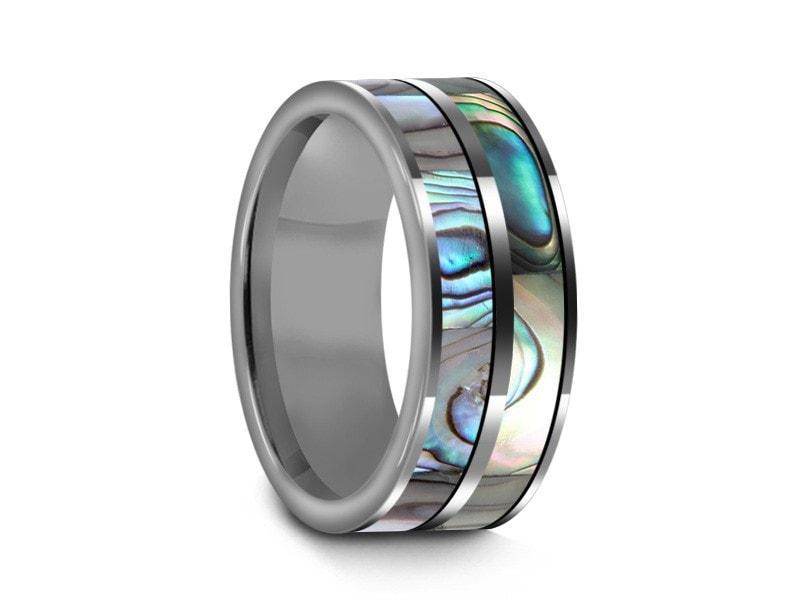 Abalone Shell Tungsten Carbide Wedding Band - Double Abalone Inlay - Shell Ring - Engagement Band - Flat Shaped - Comfort Fit 8mm - Vantani Wedding Bands