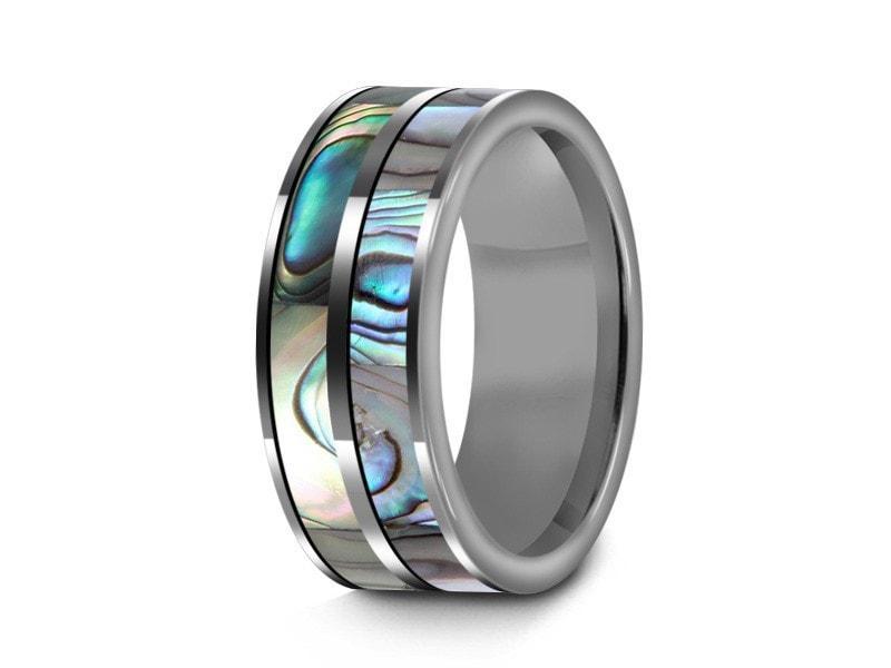 Abalone Shell Tungsten Carbide Wedding Band - Double Abalone Inlay - Shell Ring - Engagement Band - Flat Shaped - Comfort Fit 8mm - Vantani Wedding Bands